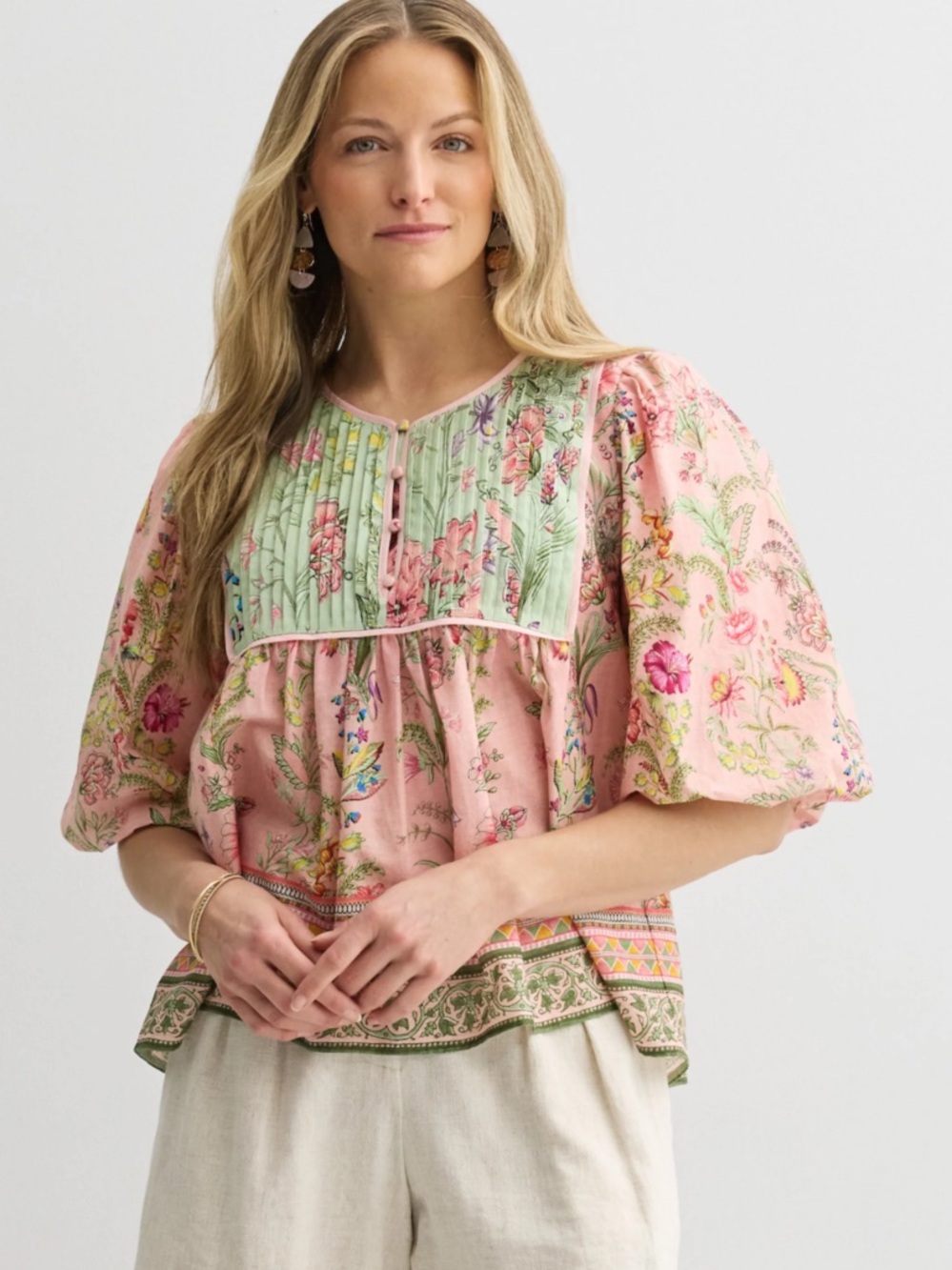 Floral Pintuck Peasant Blouse in Pink and Sage - Picture 1 of 5